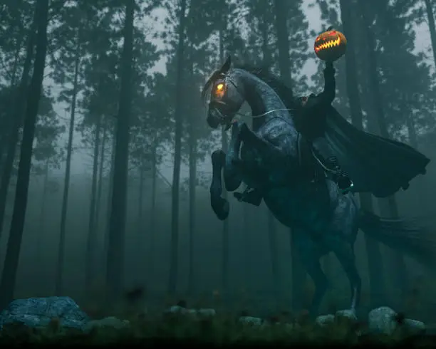 High resolution digital image of the headless horseman character from Washington Irving's The Legend of Sleepy Hallow. This image combines photography, digital painting, and computer generated imagery. The headless horseman is shown on the back of a rearing demonic horse with glowing eyes. He holds a pumpkin aloft in his left hand. The setting is a dark and misty forest. Shot with a wide angle lens, from a low camera angle.