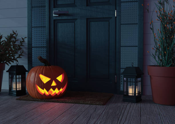 High resolution digital image of a Jack o' Lantern sitting on a mat, on the front porch of  a residence, next to the door. Plenty of text space.