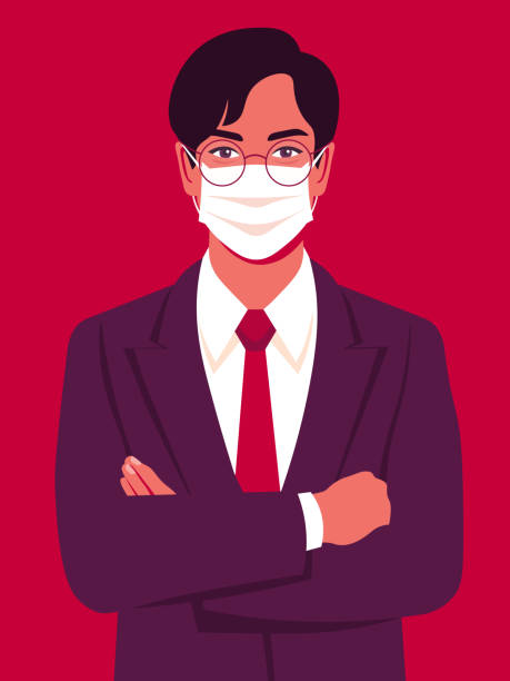 Portrait of an Asian man with medical mask. Successful businessman stands with arms crossed. Portrait of an Asian man with medical mask. Successful businessman stands with arms crossed. Vector bright illustration in flat style. asian suit man cross hand stock illustrations