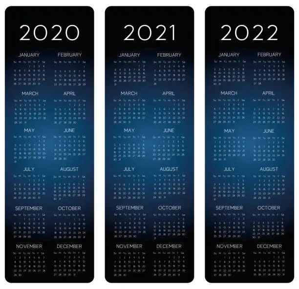 Vector illustration of Vertical row Calendar 2020-2021-2022 vector text is outline font is armata