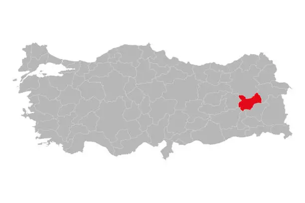 Vector illustration of Mus province highlighted red color on turkey map.