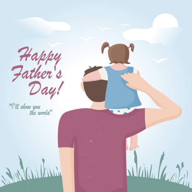 ilustrações de stock, clip art, desenhos animados e ícones de portrait of a man and his little daughter in a blue dress. the girl sits on her father's right shoulder. the family meets the sunrise. bare child's feet are visible. father's day. vector flat disign. - father and daughter