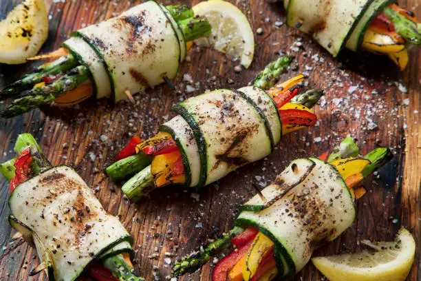 BBQ Zucchini Rolls  with Asparagus, Carrots, Peppers and Seasoned with Salt and Pepper