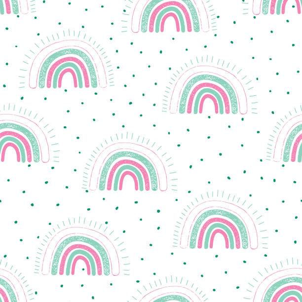Rainbows childish seamless pattern with dots. Trendy kids vector background. Use for fabric, wallpaper, surface pattern design, kids fashion Rainbows childish seamless pattern with dots. Trendy kids vector background. Use for fabric, wallpaper, surface pattern design, kids fashion. drawing of pink and black polka dot wallpaper stock illustrations
