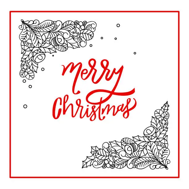 Vector illustration of greeting card, merry christmas, black and white doodle, sketch, vector illustration