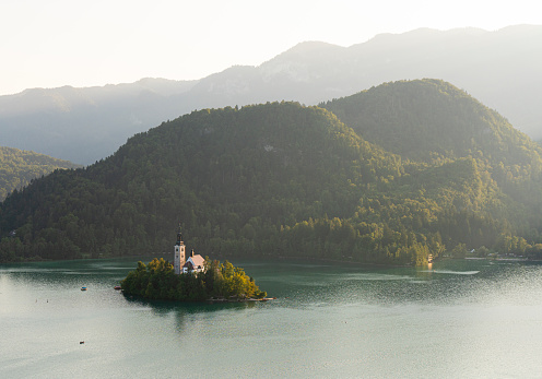 Scenic view of Santa Maria Church at middle Bled lake near Bled city Slovenia Europe