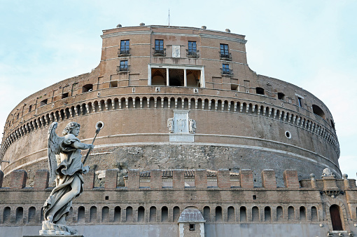 Rome, RM, Italy - March 4, 2019: Castel Sant Angelo and an ancient statue