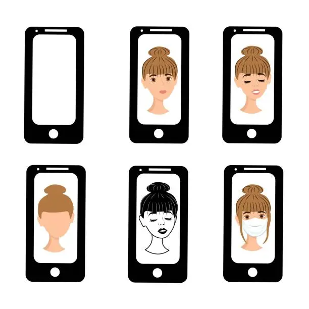 Vector illustration of Cute girl on the phone screen. Emotions of a woman on the screensaver of a smartphone. Remote communication using gadgets. Stock vector illustration for business, internet, social networks.