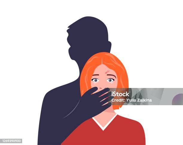 학대 또는 가정 폭력 개념 남자는 여자의 입을 손으로 가리고 있었다 눈물을 흘리며 얼굴을 때리는 흔적을 가진 한 여성 여성에 대한 사회적 문제 침략 및 학대 벡터 그림입니다 성폭력에 대한 스톡 벡터 아트 및 기타 이미지