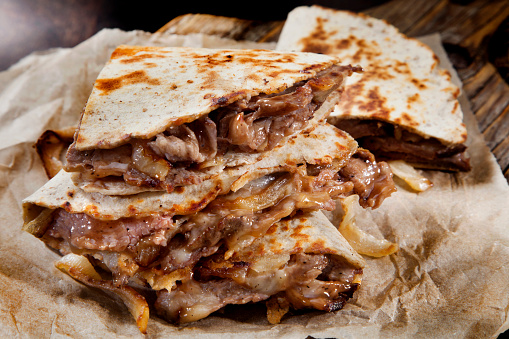 Philly Cheese Steak Quesadilla with Grilled Onions