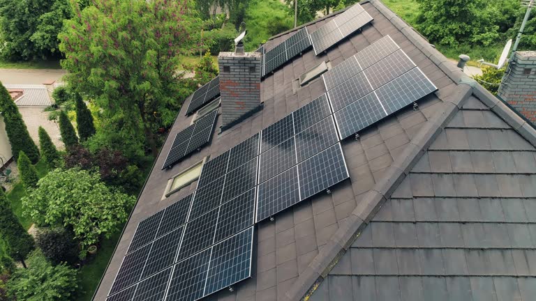 Solar panels on the rooftops. Aerial view.