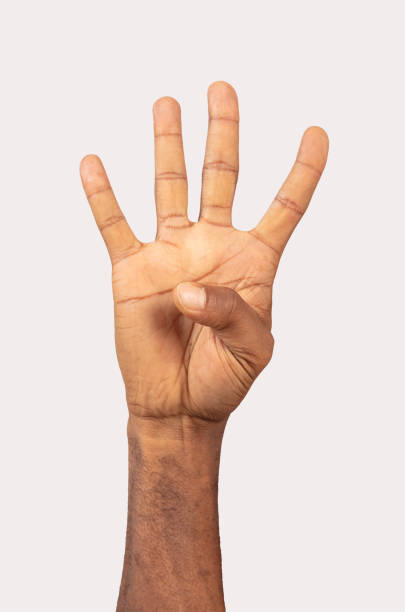istock Black male hand making four sign front of white background. 1269394042