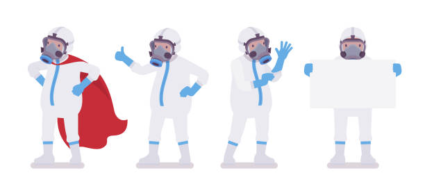 istock Man in disposable coverall, red cloak, holding white banner 1269395458