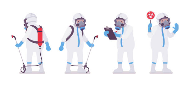 istock Man wearing disposable coverall with sprayer backpack, radiation sign 1269395460
