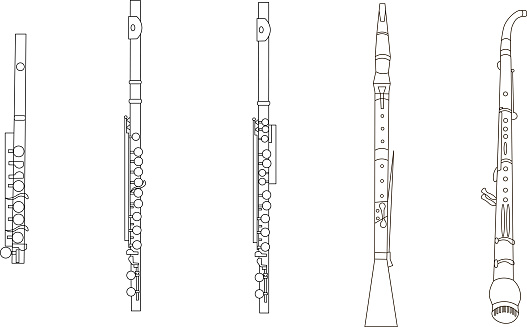 Outline piccolo, flute, alto flute, oboe and English horn. Contour of  musical instrument on a black background