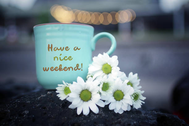 istock Have a nice weekend concept with coffee cup and white daisy flowers on light bokeh background. 1269398423