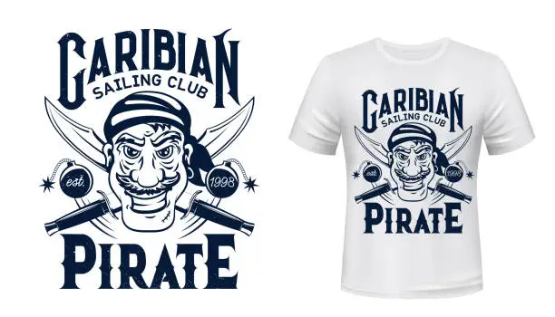 Vector illustration of Pirate t-shirt print mockup of sailing sport club