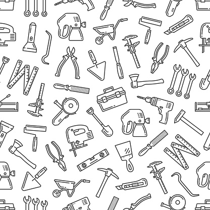 Repair tools thin line seamless pattern, vector background of construction and building industry, DIY and renovation. Hammer, screwdriver, pliers, wrench and spanner, paint roller and tape measure