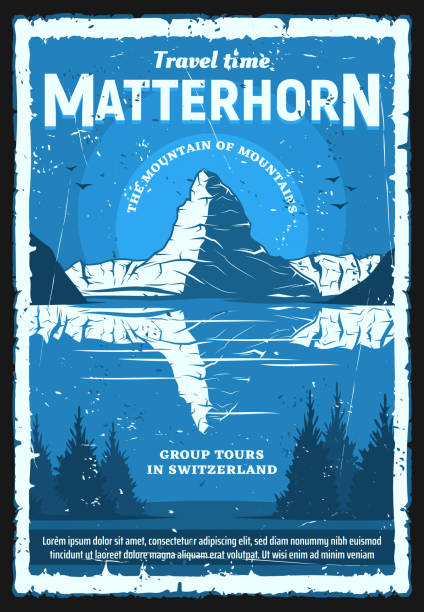 Swiss Alps Matterhorn mountain, vector travel and tourism of Switzerland, retro poster. Peak of Matterhorn mountain with snowy ridge, lake and forest trees, ski resort and mounteriing design