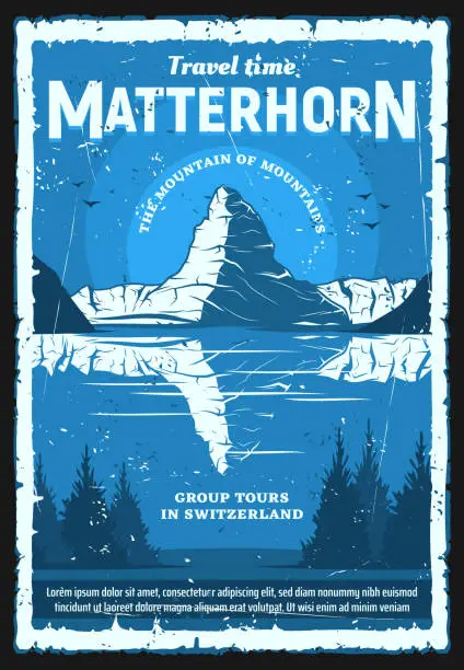 Vector illustration of Swiss Alps Matterhorn mountain, travel and tourism