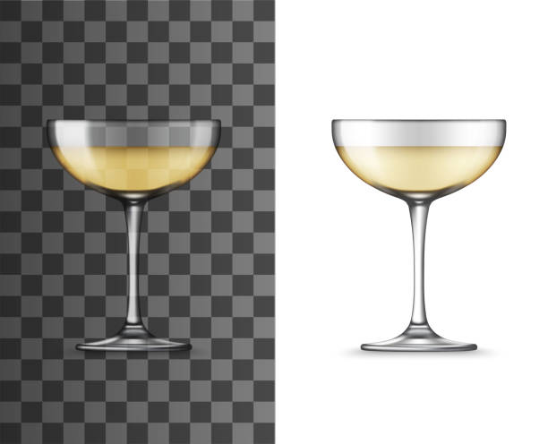 белый бокал вина, шампанское купе реалистичный макет - white wine white background isolated on white champagne flute stock illustrations