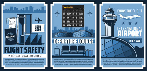 Airport, departure terminal and security control Airport, departure terminal and security control vector banners of air travel, passenger transportation. Airline airplane, traffic tower, tickets, passport and luggage, security gate and baggage scan charter document stock illustrations