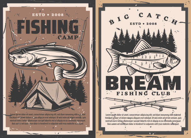 Fish and fisherman rods, vector fishing sport Fish and fisherman rods, vector fishing sport. Bream and catfish fisherman catch with fishing tackle, bait, spinning reel and lure, camp tent and forest trees retro posters, sport club, outdoor hobby fishing bait illustrations stock illustrations