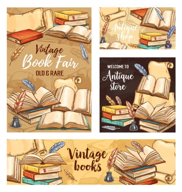 Vector illustration of Feather pen, old book and ink sketch banners