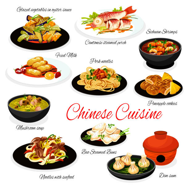 Chinese cuisine Asian dishes of seafood and meat Chinese cuisine food with vector Asian dishes of seafood and meat noodles, steamed fish and buns bao, vegetables with oyster sauce. Mushroom soup, Szechuan shrimps, pineapple cookies and fried milk chinese food stock illustrations