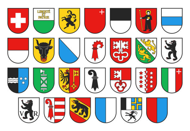 Coat of arms of Switzerland and Swiss cantons Coat of arms of Switzerland and Swiss cantons, vector heraldry. Heraldic shields with emblems of Zurich, Bern, Lucerne and Geneva, Uri, Schwyz, Obwalden and Nidwalden, Glarus, Zug and Fribourg jura france stock illustrations