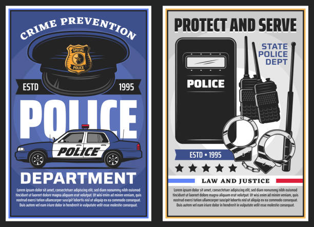 Police department serve, policing, law and justice Police department serve and policing, law and justice vector design. Police officer uniform cap with badge, patrol car and handcuffs, baton, radio scanners and tactical anti riot shield posters civil police stock illustrations