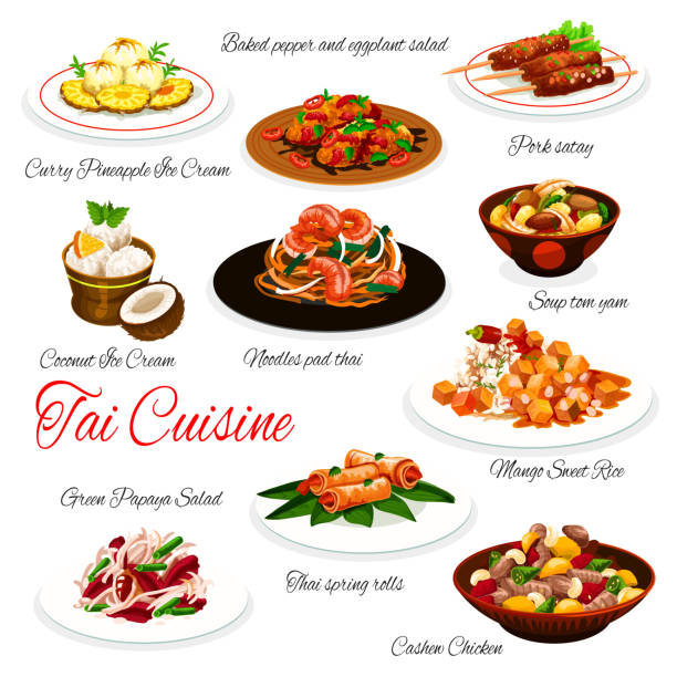 Thai cuisine dishes, Asian food with meat, seafood Thai cuisine vector dishes of Asian food with meat, seafood, vegetables and fruits. Tom yum soup, pad thai noodles and shrimp spring rolls, mango rice, ice cream, pork satay and cashew chicken pad thai stock illustrations