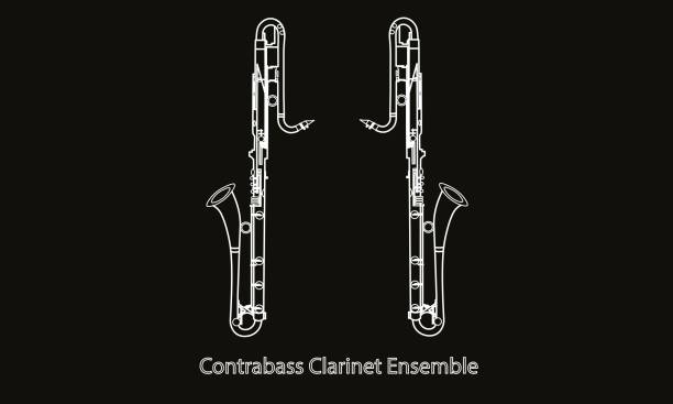 illustrazioni stock, clip art, cartoni animati e icone di tendenza di disegni a linee bianche di contorno contrabbasso clarinet ensemble contorno strumento musicale - musical instrument close up wind instrument brass instrument