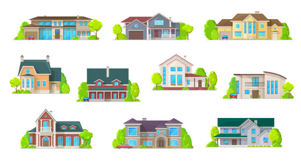 Houses, bungalow cottages, real estate buildings Houses, bungalow cottages and real estate buildings, vector icons. Private houses and residential architecture village, loft mansions and condominiums, family townhouse and home duplex apartments duplex stock illustrations