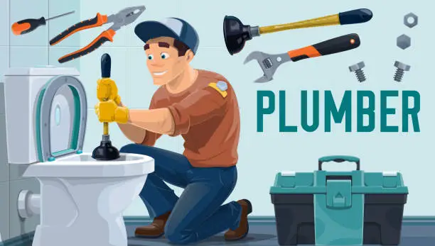 Vector illustration of Plumber worker, toilet repair, water plumbing