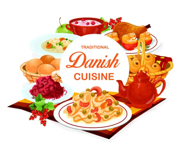 Vector illustration of Danish cuisine food menu dishes, traditional meals