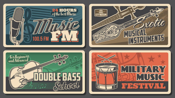 ilustrações, clipart, desenhos animados e ícones de pôsteres de instrumentos musicais, festival ao vivo de concertos - rock bass