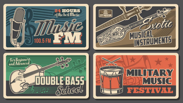 Music instruments posters, concert live festival Music instruments posters, concert live festival, vector FM radio podcast microphone. Orchestra symphonic musical school, military music concert, Asian Oriental exotic folk music instruments museum drum percussion instrument stock illustrations