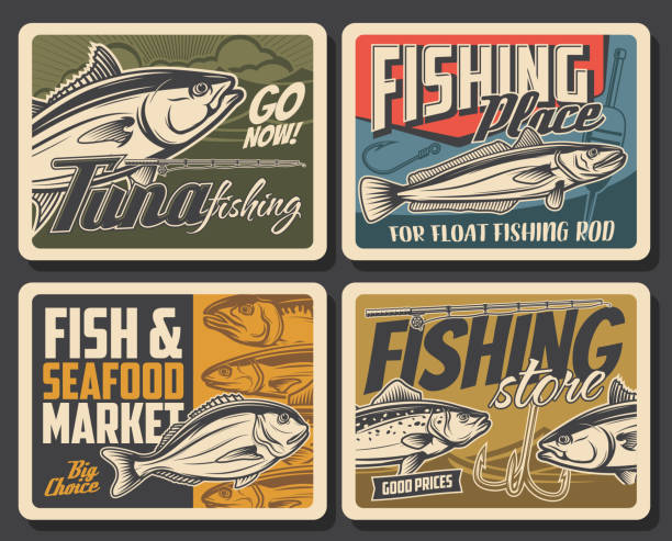 illustrazioni stock, clip art, cartoni animati e icone di tendenza di manifesti da pesca, canna da pesca e pescatore per tonno - market fish mackerel saltwater fish