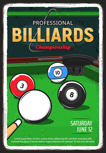 Billiard table, pool or snooker game, vector ball and cue tournament, vector retro poster. Billiards game triangle rack, 8 eight ball on green table, snooker pool competition and championship poolroom