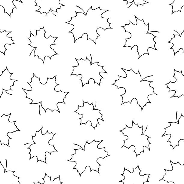 Seamless pattern with outlines of maple leaves of different sized Seamless simple pattern with outlines of maple leaves of different sized, black and white seasonal autumn background silhouette of a fall leaves black and white stock illustrations