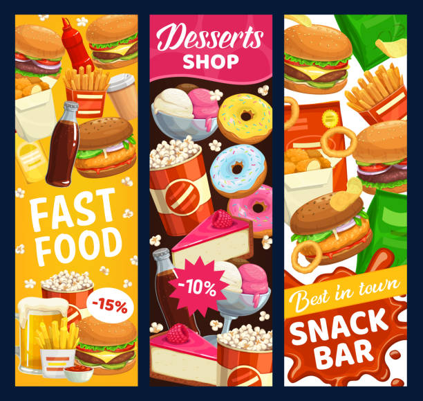 illustrazioni stock, clip art, cartoni animati e icone di tendenza di snack bar fast food e striscioni vettoriali dessert - cream ice symbol french fries