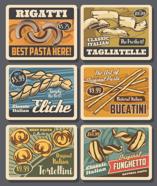Italian pasta vector macaroni retro posters, cards Italian pasta retro posters, vector macaroni rigatti, tagliatelle and eliche with bucatini, tortellini and funghetto. Food of Italy, traditional meals with price tags, grocery store vintage cards set carbohydrate food type stock illustrations
