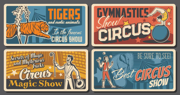 zirkuskünstler und performer retro-plakate gesetzt - women circus acrobat gymnastics stock-grafiken, -clipart, -cartoons und -symbole