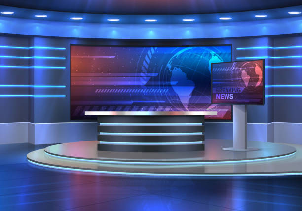 Studio interior for news broadcasting, empty room Studio interior for news broadcasting, vector empty placement with anchorman table on pedestal, digital screens for video presentation and neon glowing illumination. Realistic 3d breaking news studio news monitor stock illustrations