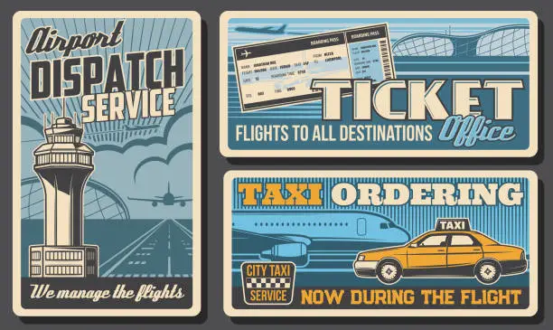 Vector illustration of Dispatch service, tickets and airport taxi posters