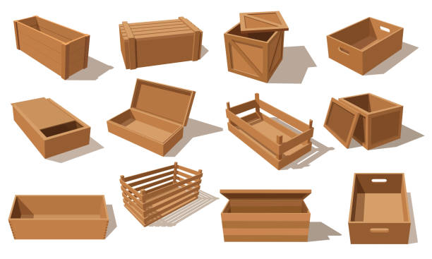 Wooden boxes, vector parcels for goods packaging Wooden boxes, vector parcels for goods packaging isolated pallets and empty transportation containers. Wood drawers and crates, cargo distribution packs. Isometric 3d shipping boxes for freight wood box stock illustrations