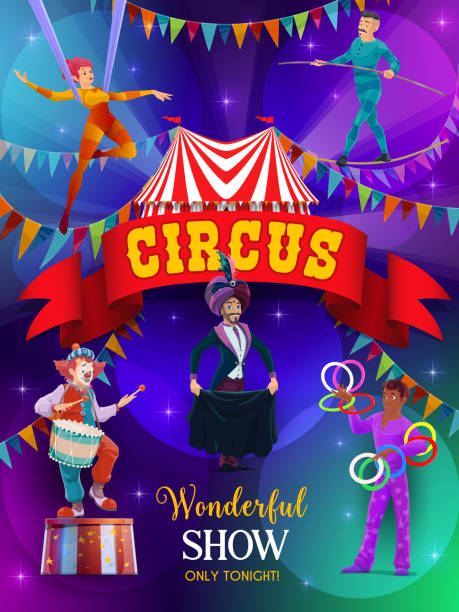 illustrazioni stock, clip art, cartoni animati e icone di tendenza di top tent circus show flyer, artisti in arena - women circus acrobat gymnastics