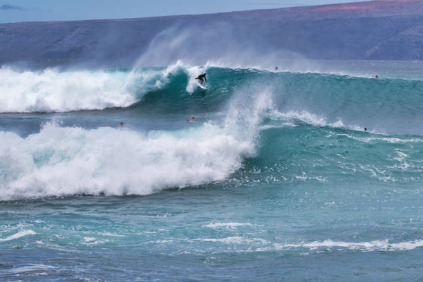 lone surfer on a big wave on maui. - surfing sport extreme sports success imagens e fotografias de stock