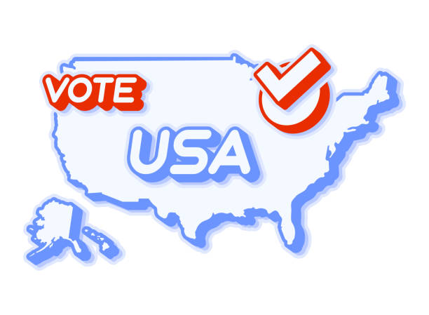 istock Presidential vote in USA 2020 vector illustration. State map with text to vote and red tick or check mark of choice. Sticker Isolated on a white background 1269416563